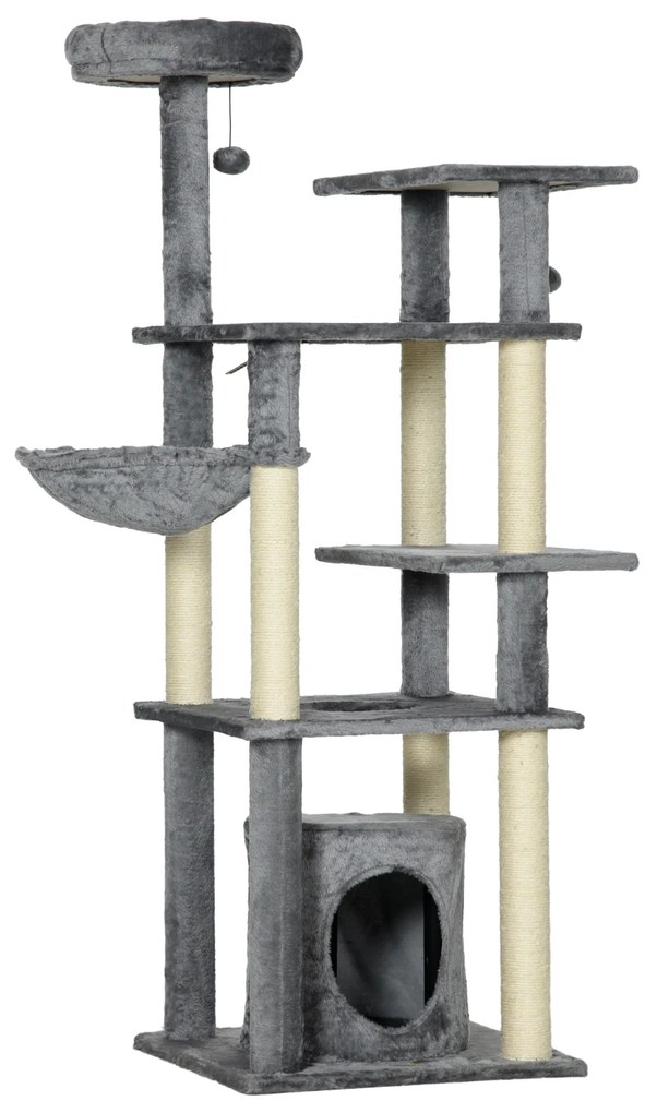 PawHut Arranhador para Gatos com Poste de Arranhar de Sisal Cama Caverna Plataformas e Bolas Suspensas 49x49x144 cm Cinza