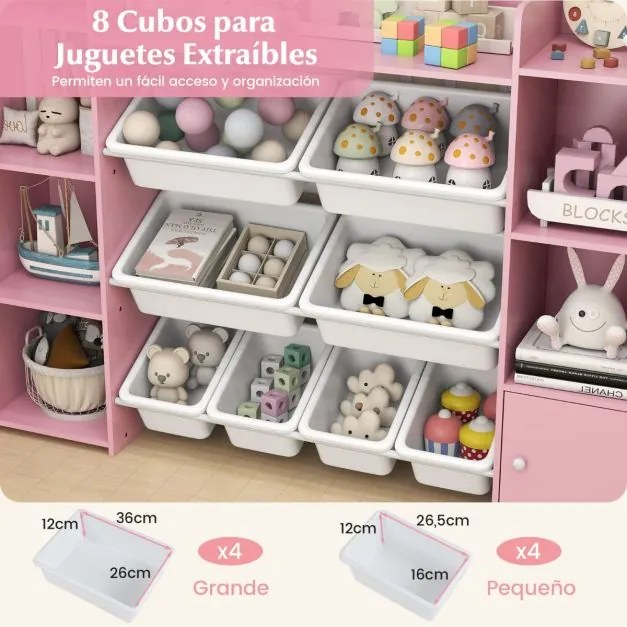 Estante infantil grande para guardar brinquedos de 4 níveis com 8 caixas removíveis para quarto 142 x 30 x 100 cm Rosa