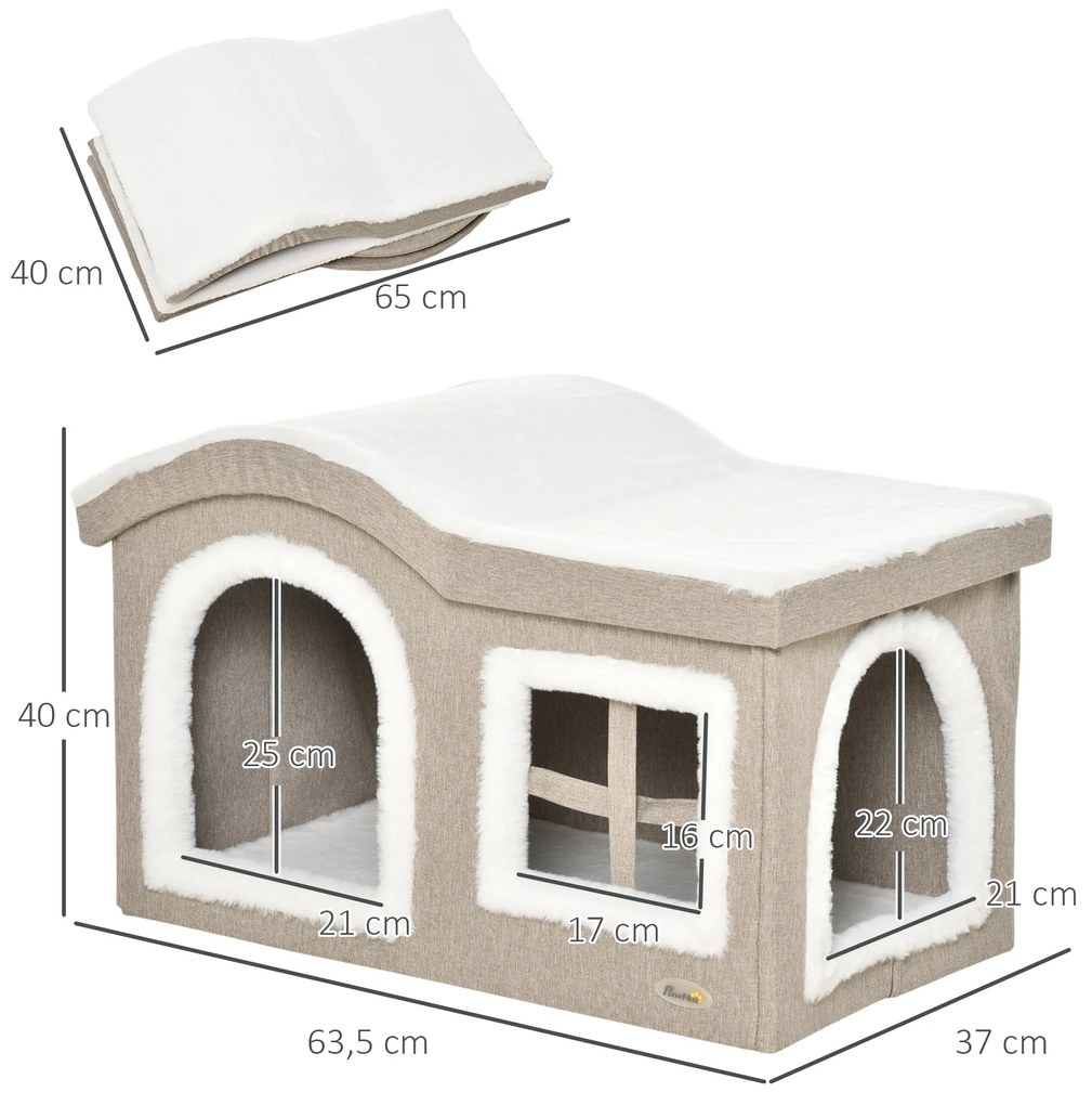 Casa Dobrável para Gatos Caverna para Gatos Grande com Tampa Removível Almofadas 2 Entradas e Janela 63,5x37x40cm Bege