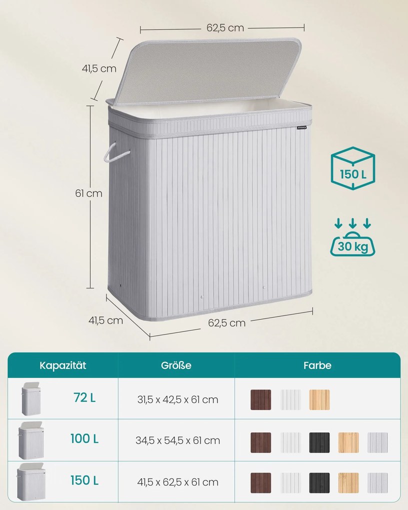 Cesto para roupa suja com tampa em bambu 150 litros cinzento