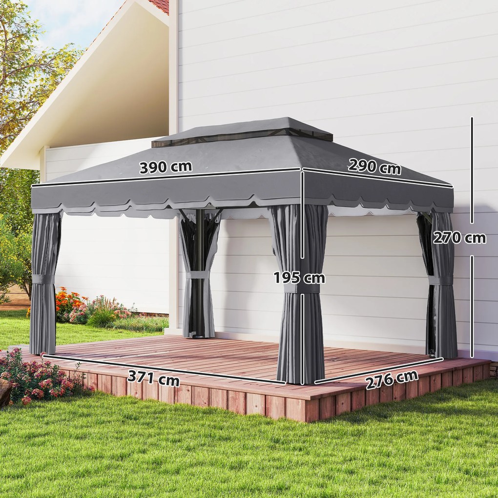 Pérgola de Jardim 390x290x270 cm com 4 Cortinas Laterais 4 Telas Mosquiteiras e 8 Orifícios de Drenagem Cinza