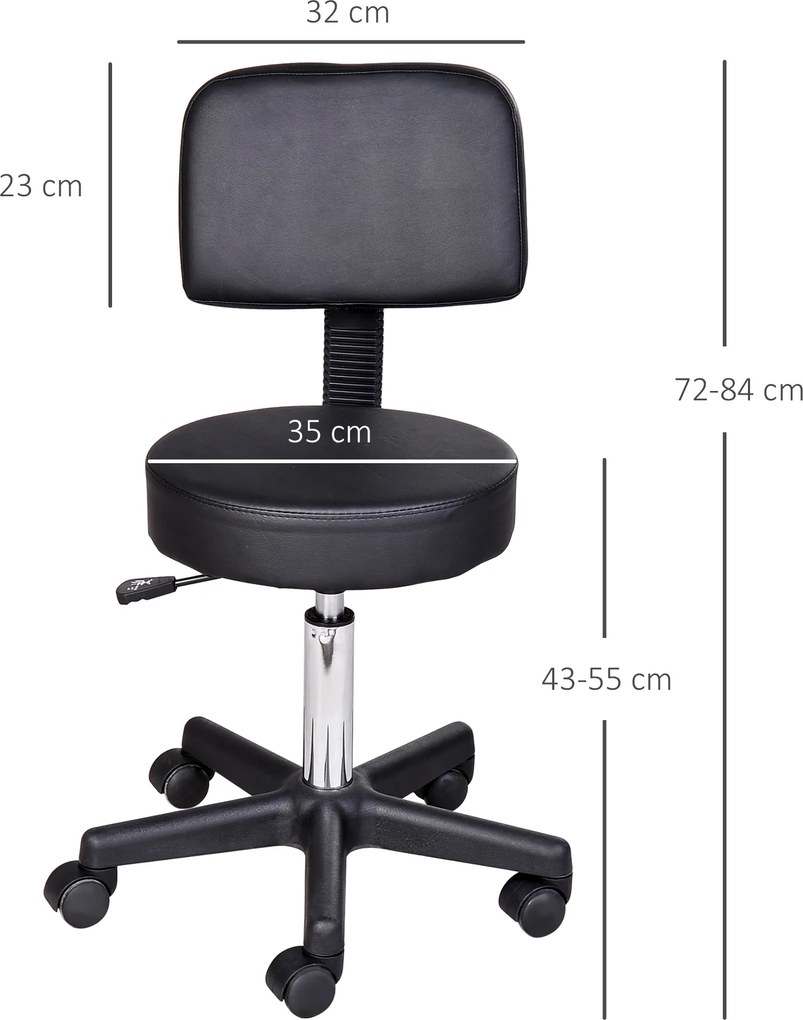 Banco de massagem com rodas, altura ajustável, giratório e encosto ergonómico, preto