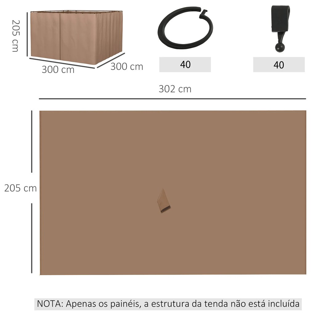 4 Paredes Laterais para Tenda 302x205 cm (Não incluida) Laterais para Tenda Universal com Ganchos e Argola em C para Jardim Terraço Castanhas