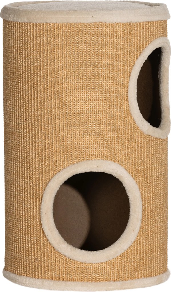 PawHut Barril Arranhador para Gatos de 2 Andares Arranhador para Gatos com 2 Cavernas e Cobertura de Sisal Ø35x60 cm Marrom | Aosom Portugal