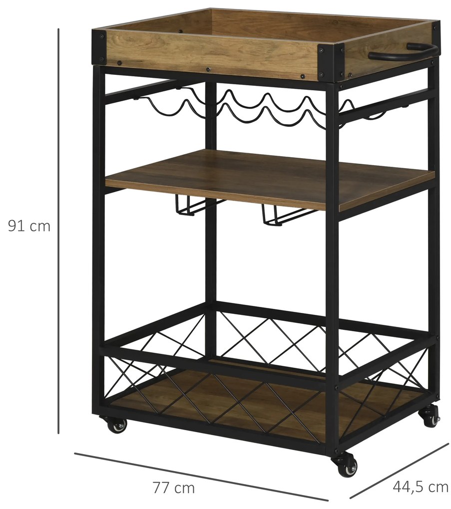 Carrinho de cozinha multifuncional com 3 prateleiras 77x44,5x91 cm Madeira rústica