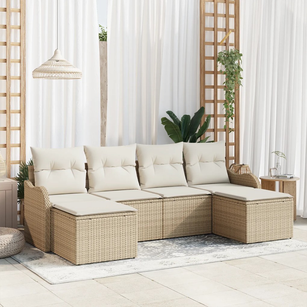 Conjunto de Sofá de Jardim de 6 Peças vidaXL com Almofadas Bege Rattan