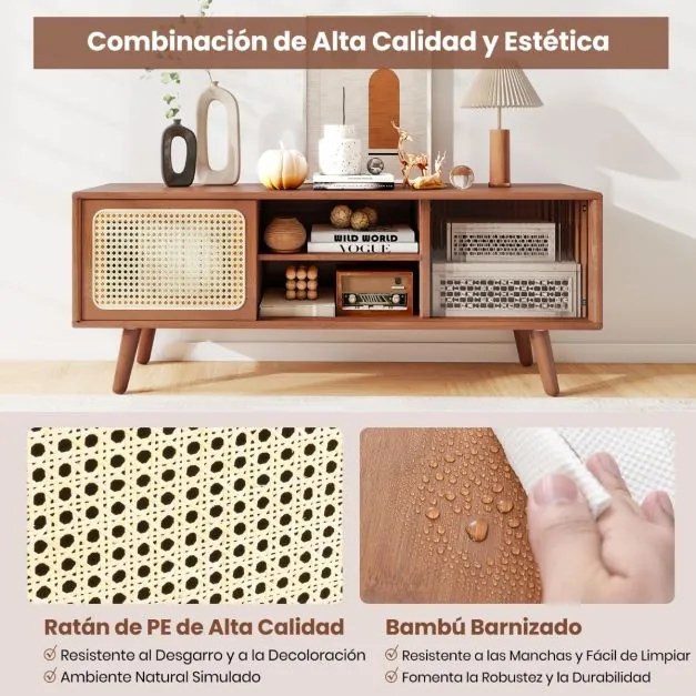 Móvel de TV moderno 120,5 x 31 x 45,5 cm em bambu até 55'' com Portas deslizantes em vime Prateleira Castanho