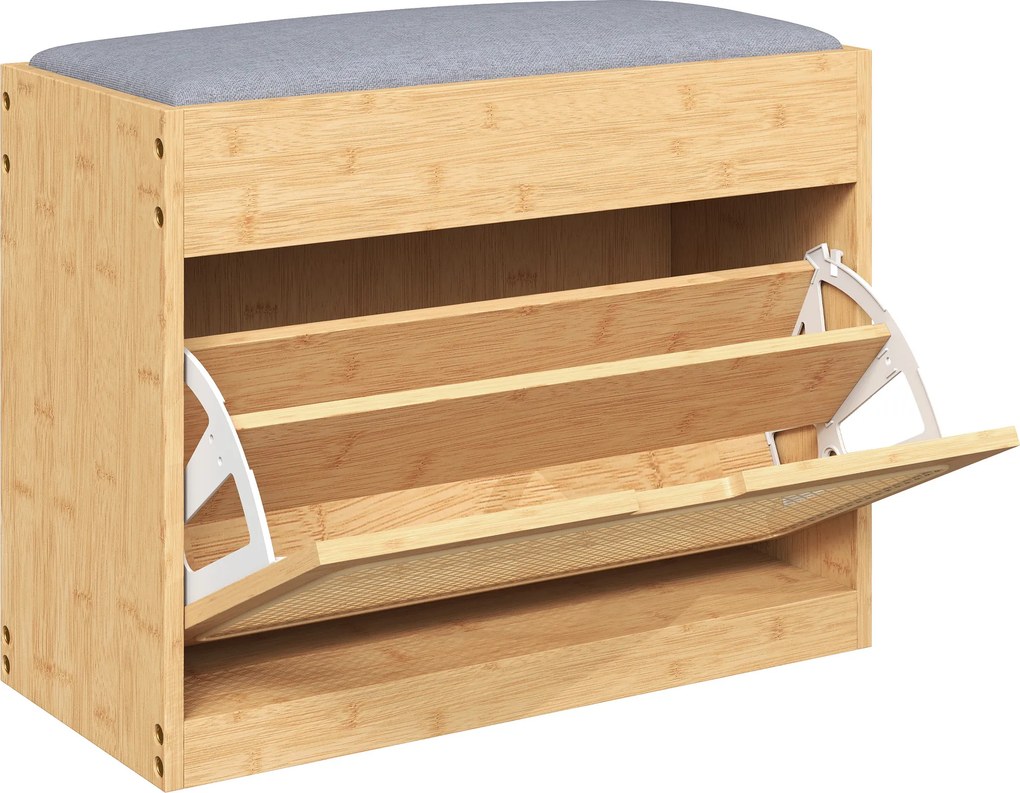 HOMCOM Banco Sapateira de Entrada com Assento Acolchoado Gaveta Basculante Porta de Vime 63x29x48 cm Madeira e Cinzento | Aosom Portugal