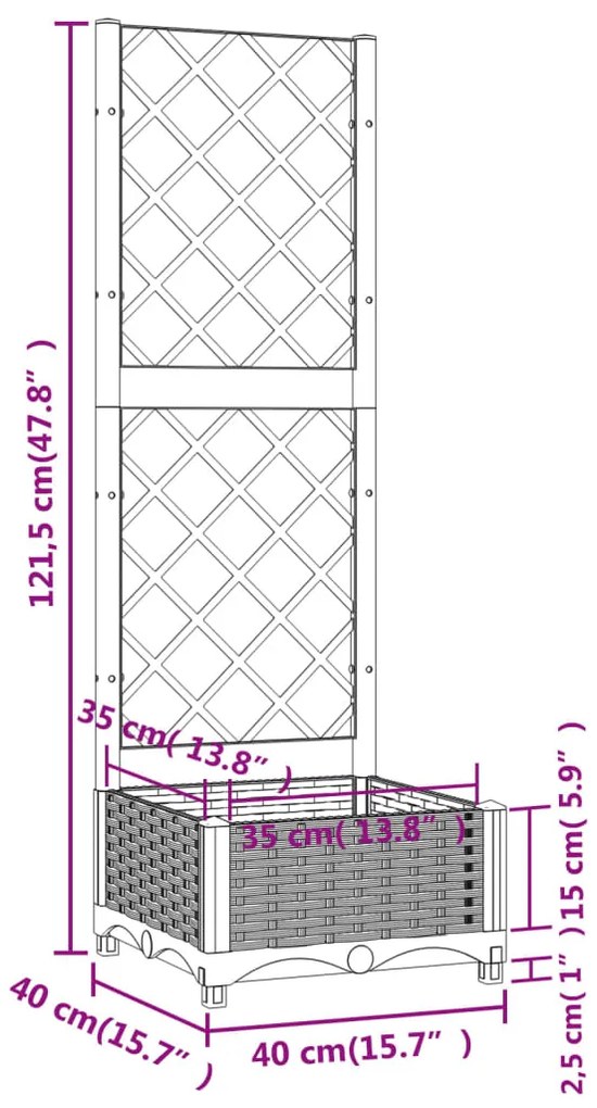 Vaso/floreira de jardim c/ treliça 40x40x121,5 cm PP branco