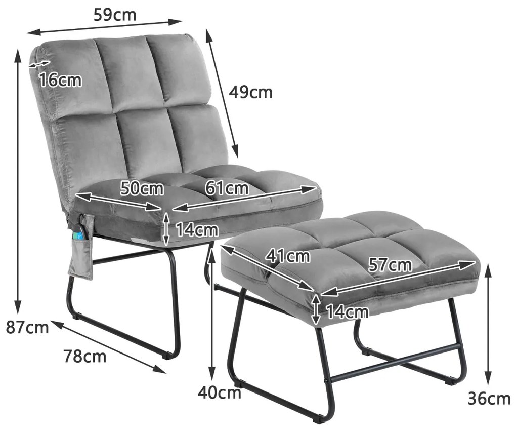 Cadeira de Massagem Eléctrica com Sofá Otomano de Veludo com Controlo Remoto 5 Modos de Vibração 4 Motores de Massagem de Toque Cinzento
