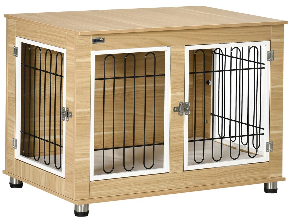 PawHut Gaiola para Cães Médios e Grandes 90x58x65 cm Mesa Auxiliar e Almofada Lavável Gaiola para Animais Estrutura de Aço Carvalho | Aosom Portugal