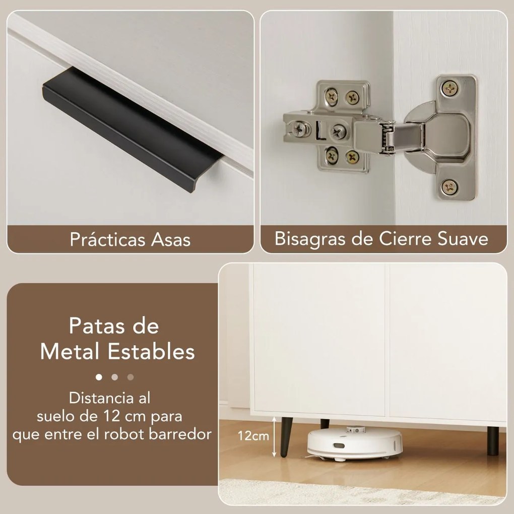 Aparador Buffet de cozinha 120 x 40 x 90 cm com estantes ajustáveis Armário bar com 3 compartimentos e portas para sala de jantar Branco