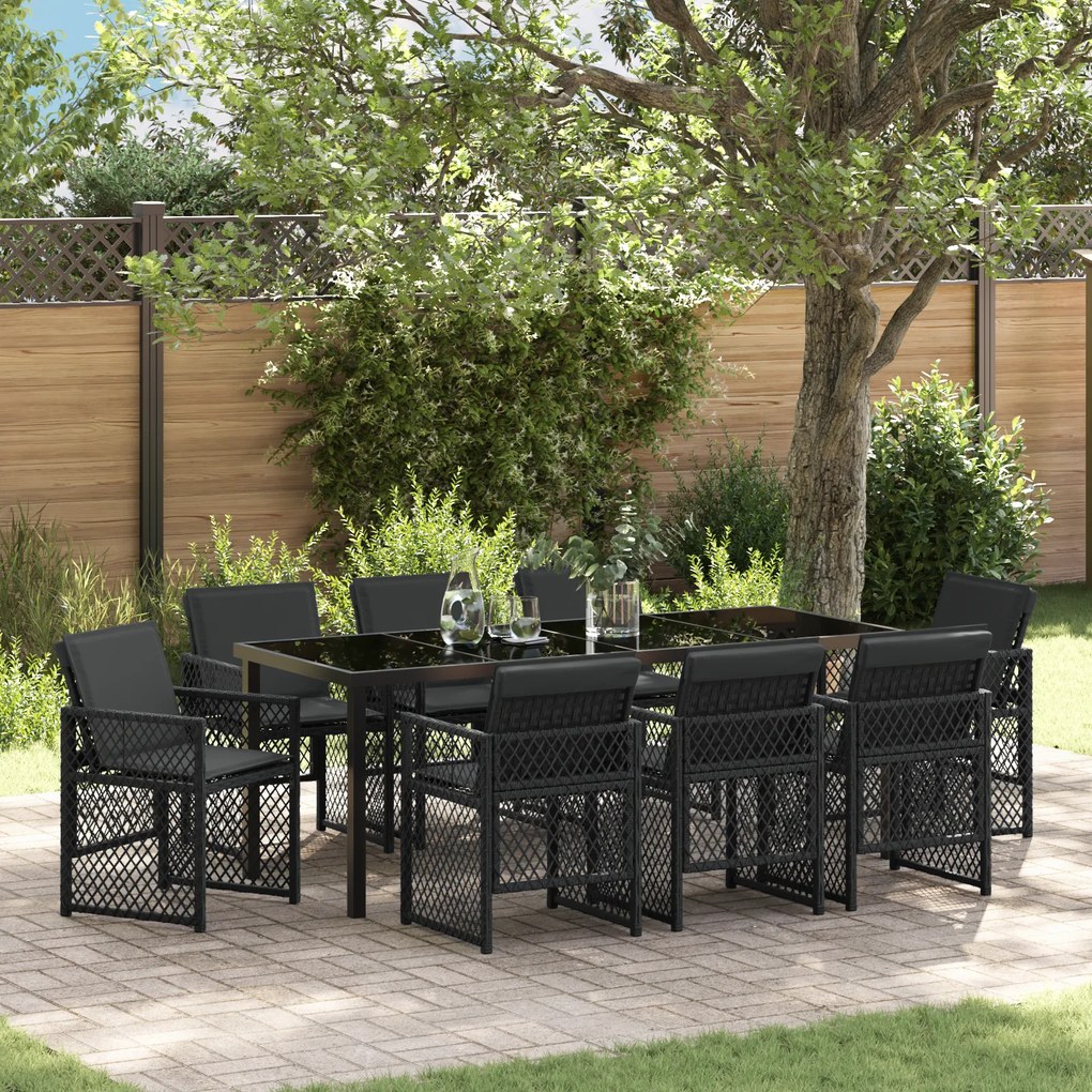 Conjunto de Jantar para Jardim com 9 Peças e Almofadas em Rattan Sintético Preto