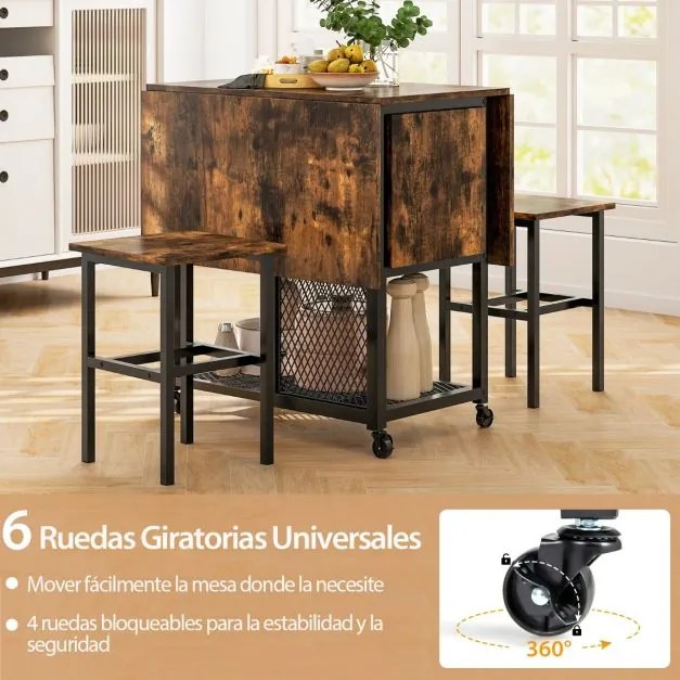 Conjunto de mesa de jantar dobrável de 3 peças com 2 bancos Rodas com fecho 2 Estantes de arrumação de cozinha Castanho