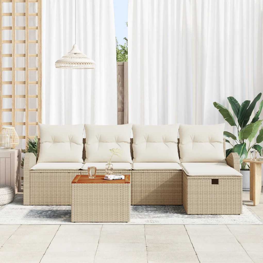 Conjunto Sofá Jardim 6 Peças com Almofadas Bege de Rattan Polímero