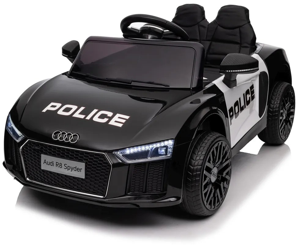 Carro elétrico para Crianças Audi R8 Policia 12V Rodas Espuma EVA, Assento couro ecológico Preto