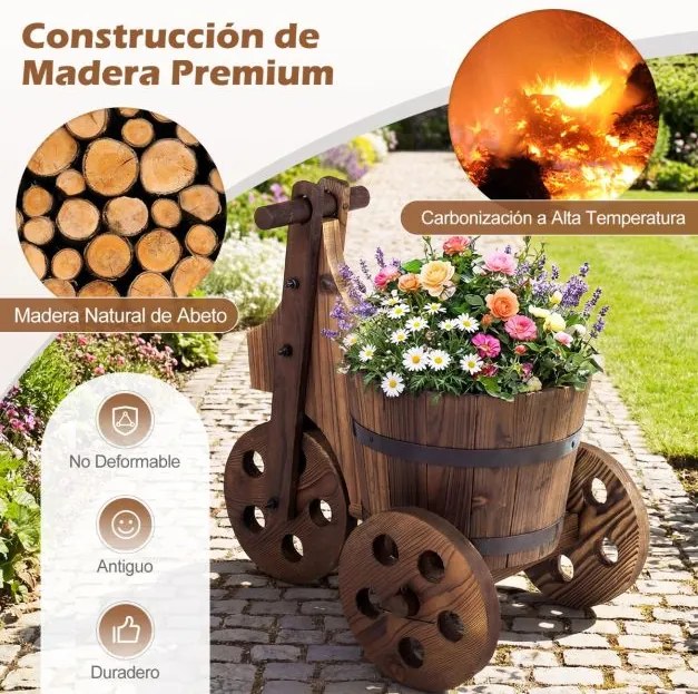Floreira jardim rústica em madeira para triciclo 47 x 32 x 43,5 cm, vaso em forma de barril com orifício de drenagem para o cultivo de legumes e flore