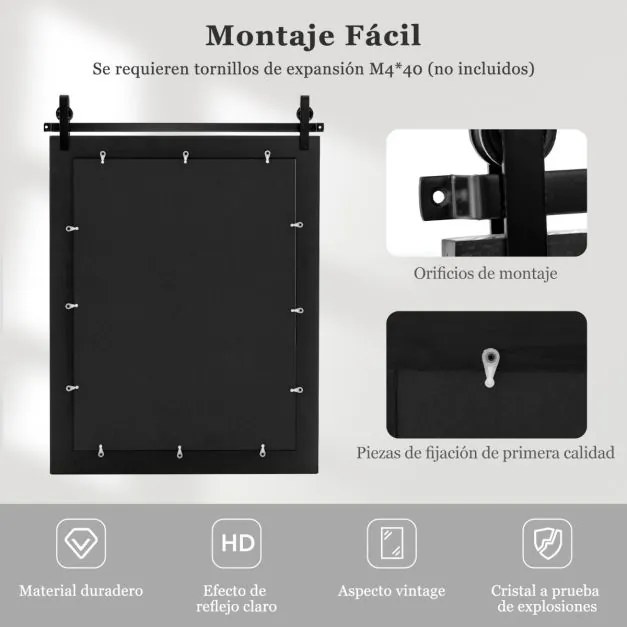 Espelho de parede estilo rústico 76,5 x 56 cm com moldura de madeira e suporte de metal para corredor, sala de estar, quarto 76,5 x 56 cm Preto