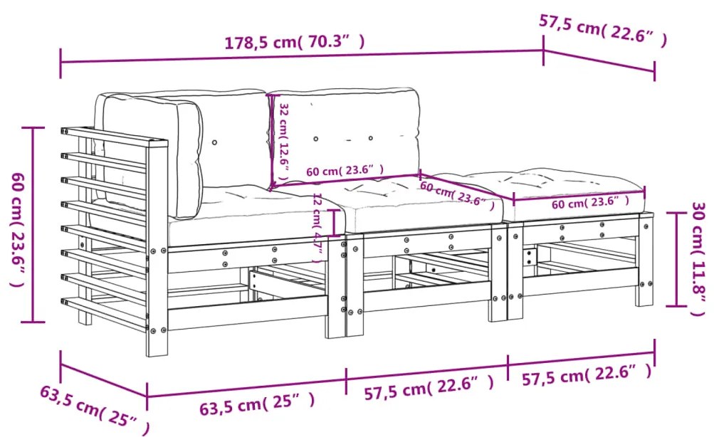 3pcs conjunto lounge jardim c/ almofadões madeira maciça branco