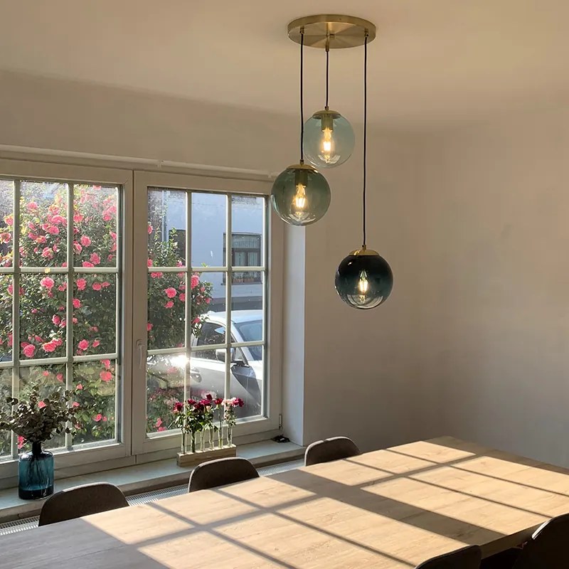 Candeeiro de suspensão Art Deco em latão com vidro azul - Pallon