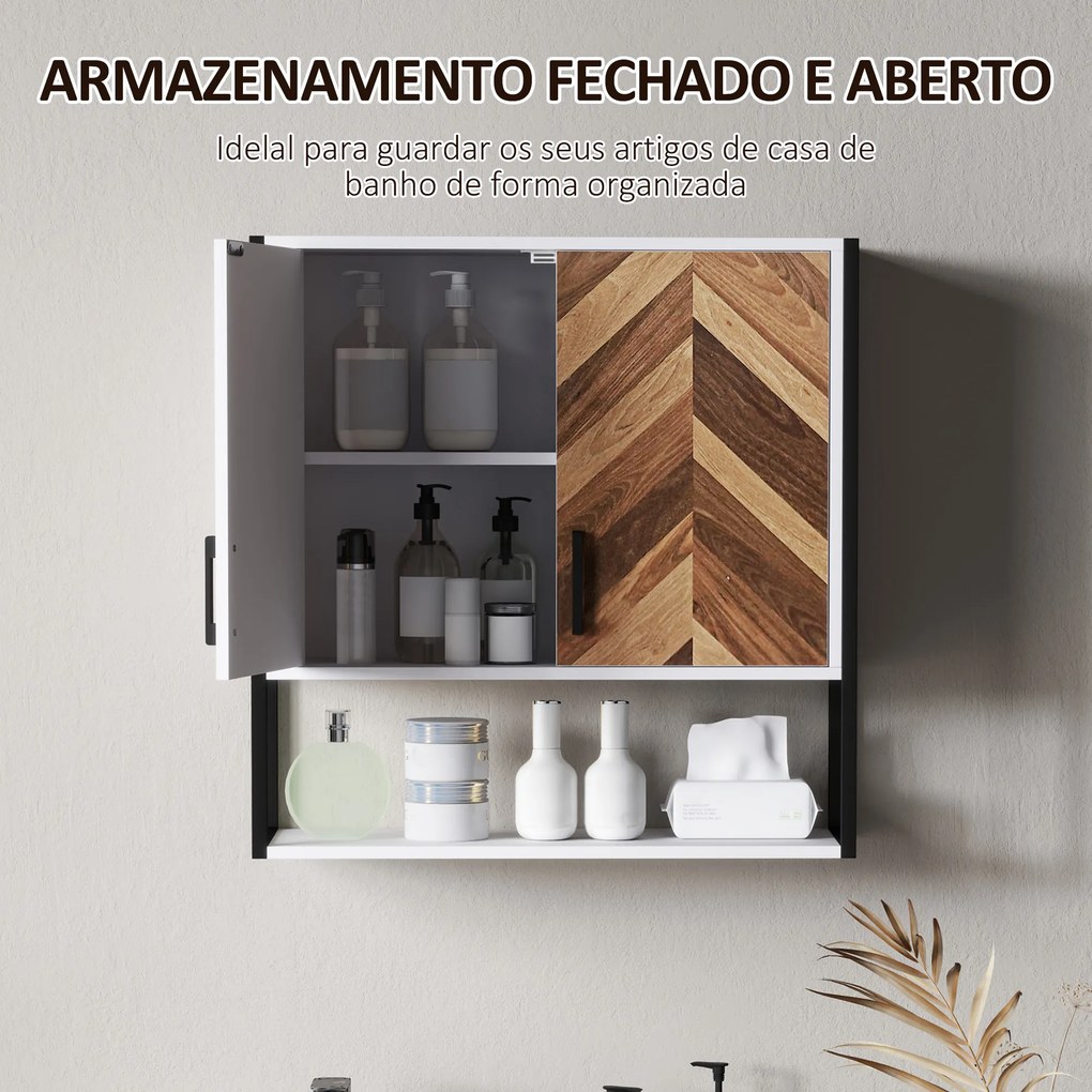 Armário de Parede para Casa de Banho com 2 Portas Prateleiras Ajustáveis e Prateleira Aberta 59x20x60 cm Branco e Madeira