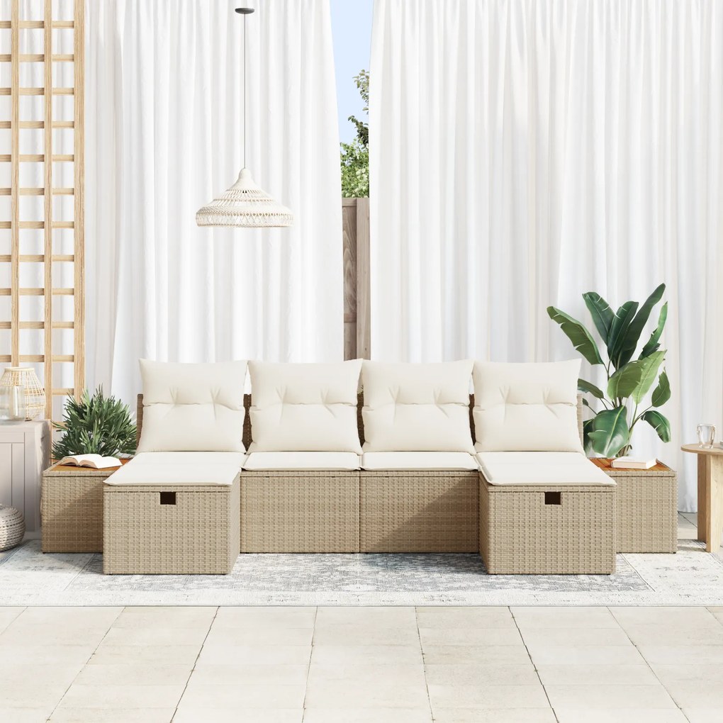 Conjunto de Sofá de Jardim de 6 Peças com Almofadas Bege de Rattan Pol