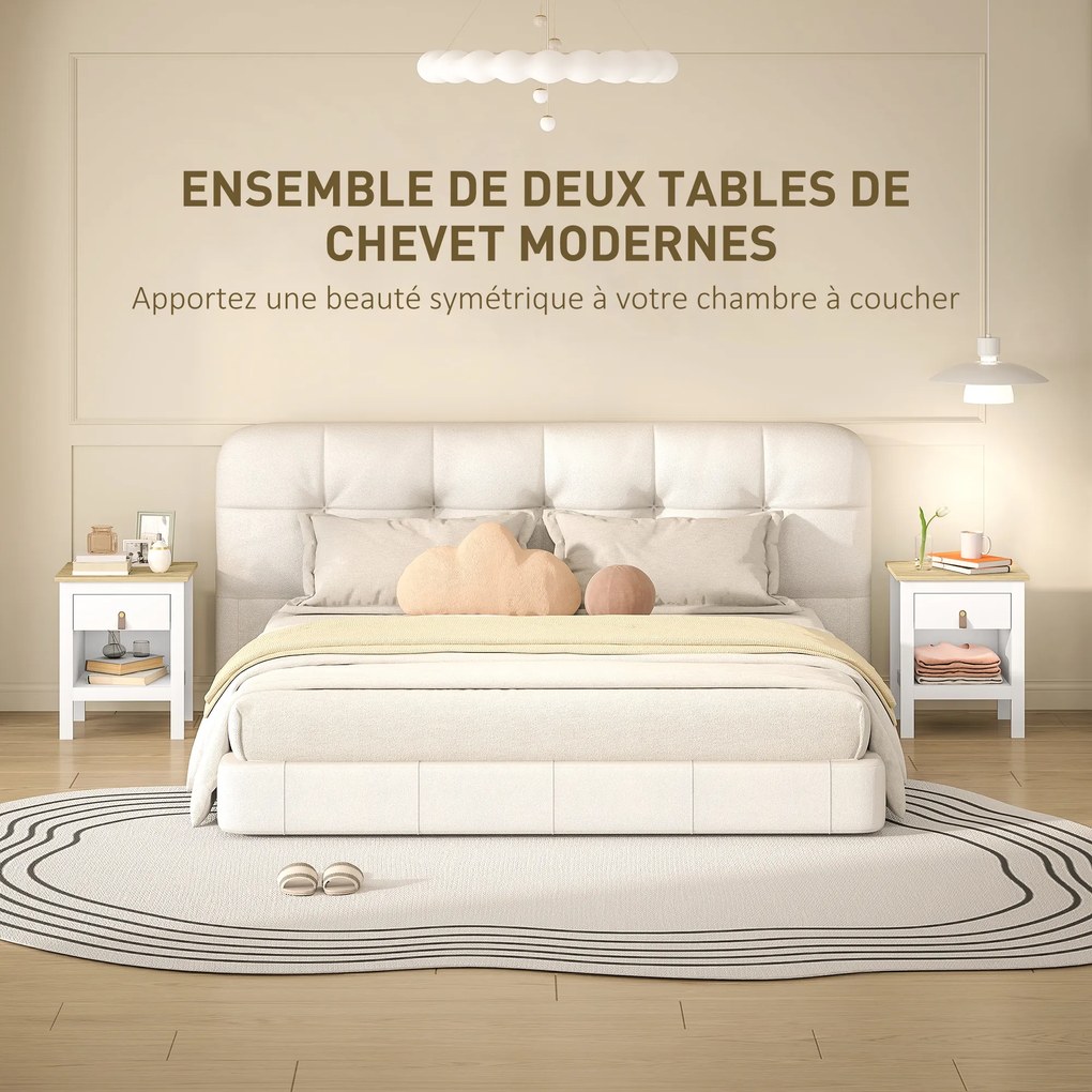 Conjunto de 2 Mesas de Cabeceira, 45 x 40 x 55 cm, Gaveta e Compartimento Aberto, Branco