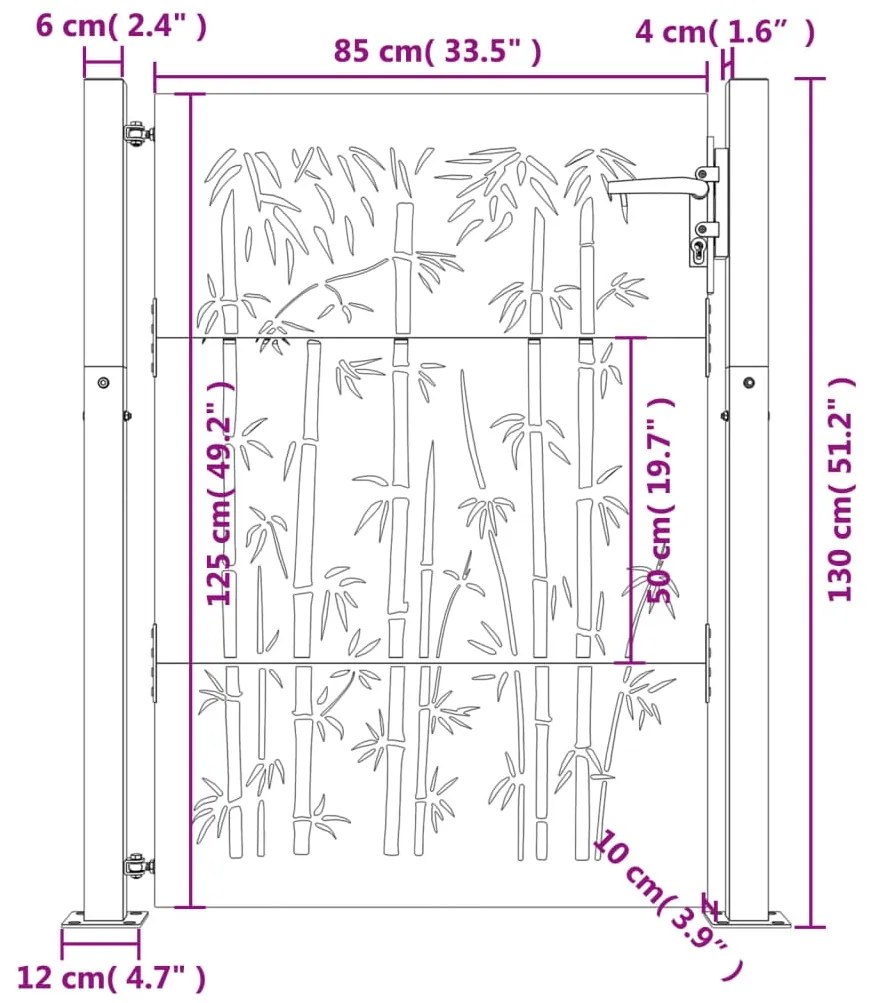 Portão de jardim 105x130 cm aço corten design bambu