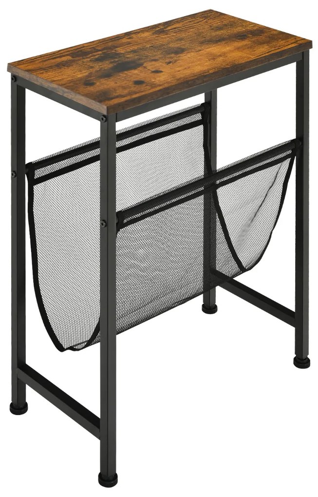 Mesa Lateral Industrial com Porta Revistas Pequena Mesa Lateral Estreita de 2 Níveis Superfície de Madeira para Sala de Estar Escritório de Quartos 49 x 25,5 x 61 cm