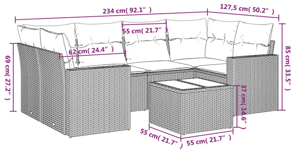 7 pcs conjunto de sofás jardim c/ almofadões vime PE castanho