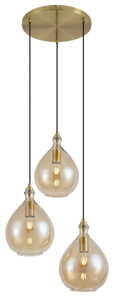 Candeeiro suspenso moderno dourado com vidro âmbar 3-luzes - Traditional Moderno