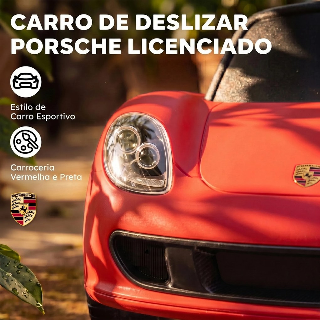 Carro sem Pedais para Crianças 18-36 Meses com Licença Porsche, 2 Faróis, Buzina e Som de Arranque, 63x28,5x38 cm, Vermelho