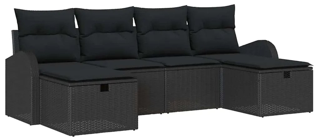 Conjunto de Sofá de Jardim de 6 Peças com Almofadas Preto Polirattan