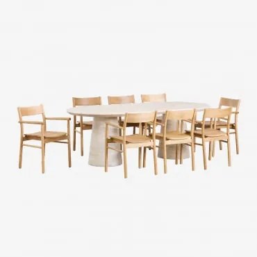 Conjunto De Mesa Oval Noemi Em Cimento Travertino (220x95 Cm) E 8 Cadeiras De Jantar Em Madeira De Carvalho Mara Signature Look Travertino - Sklum