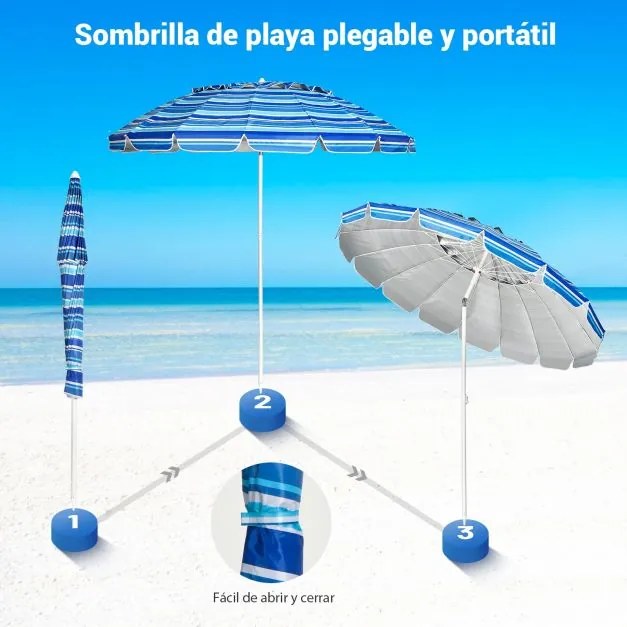 Guarda-sol de praia ajustável 2,2 x 2,45 m com proteção solar UPF50+ Inclinável Riscas azuis