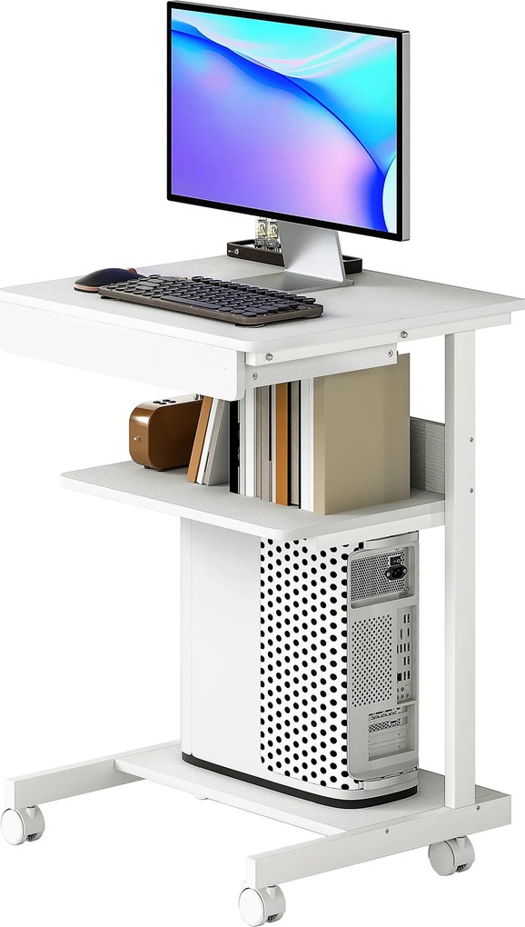 Secretária de computador com rodas, secretária com arrumação 56 x 51 cm com gaveta, compartimento e suporte para CPU, branca
