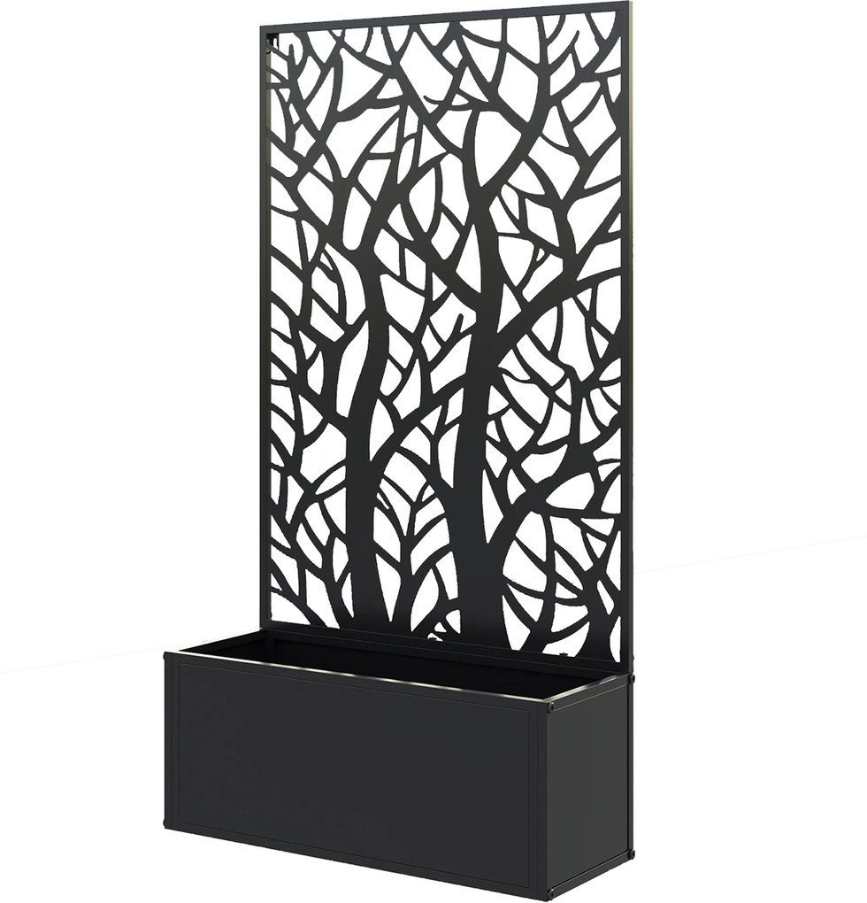 Floreira de Metal com Ecrã de Privacidade com Ramos Decorativos Floreira de Parede ou Independente 61x23x113 cm Preto