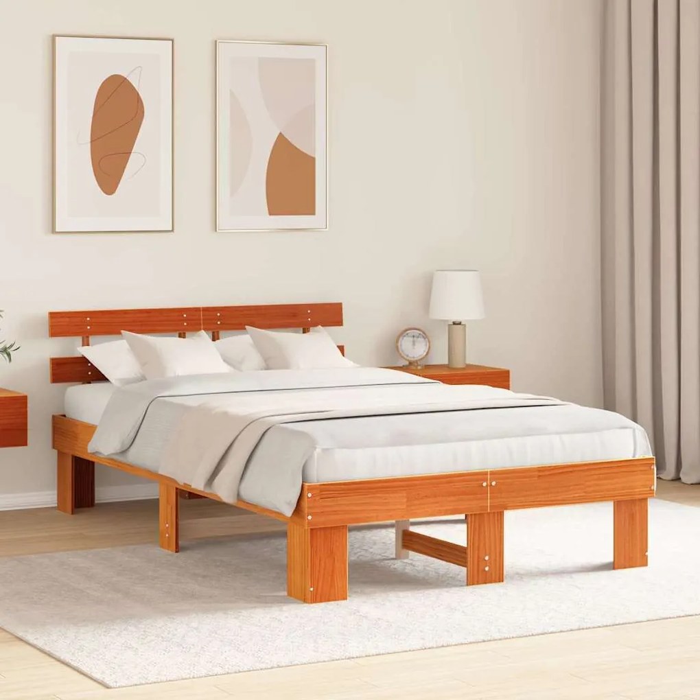 Estrado de Cama com Cabeceira Castanho Encerado 140x190 cm de Madeira
