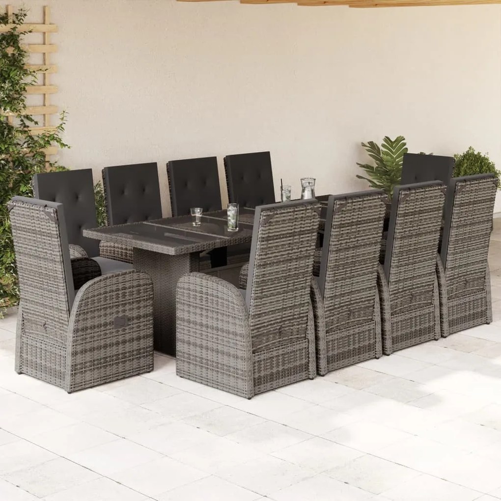 vidaXL 11 pcs conjunto jantar p/ jardim c/ almofadões vime PE cinzento