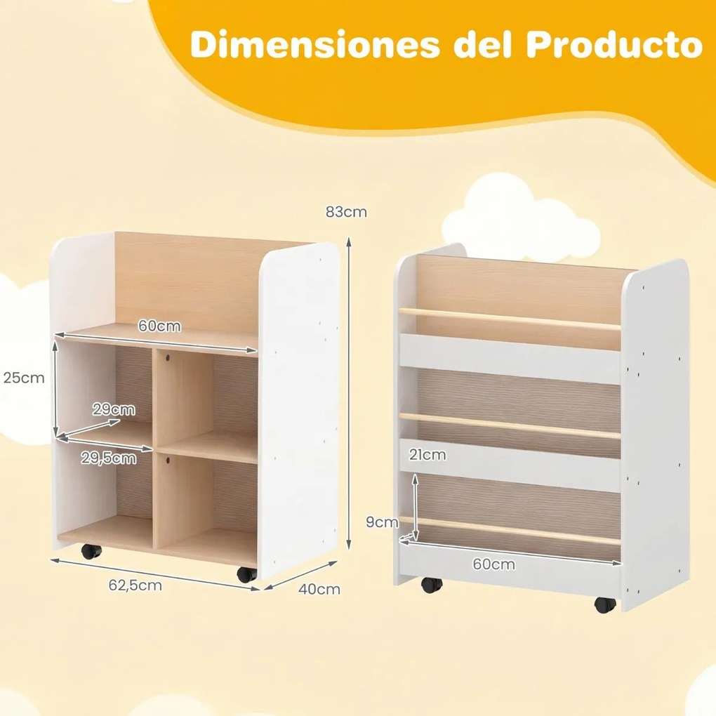Estante infantil de 3 níveis com rodas 62,5 x 40 x 83 cm, carrinho de dupla face para livros, creche ou sala de aula, branca