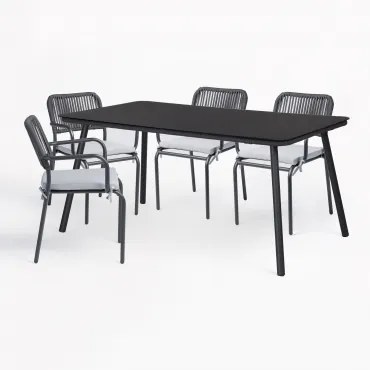 Conjunto De Mesa Retangular Arhiza, 160 X 90 Cm, E 4 Cadeiras De Jardim Empilháveis De Alumínio. Cinza Grafito - Sklum
