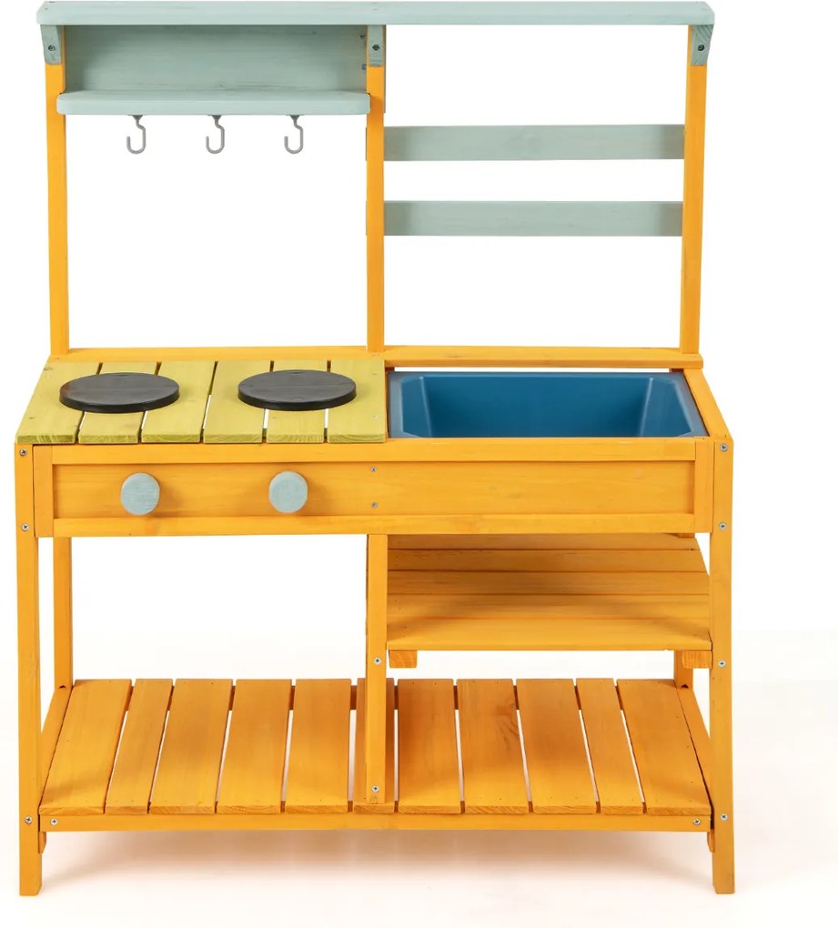 Cozinha de brincar em madeira com puxadores de fogão e lava-loiça exterior para crianças com mais de 3 anos Amarela