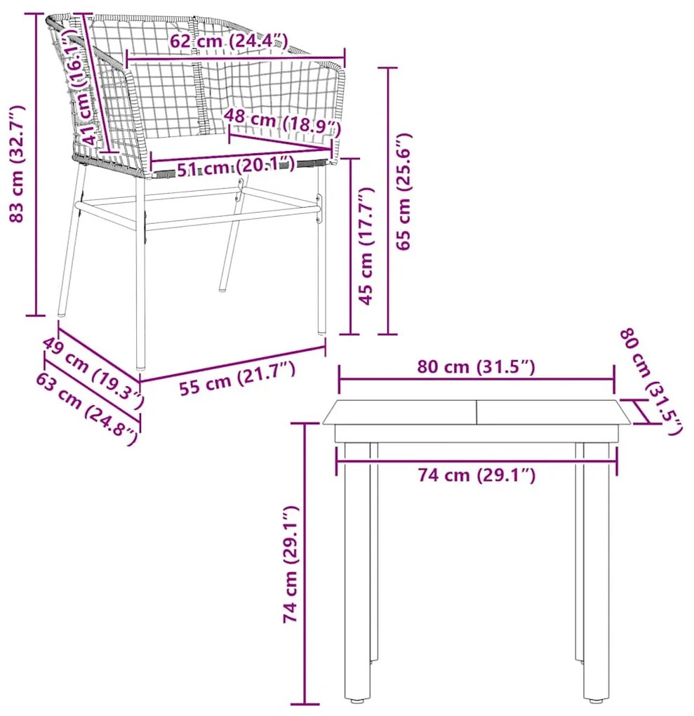 Conjunto jantar jardim 3 peças almofadas vidro vime PE castanho