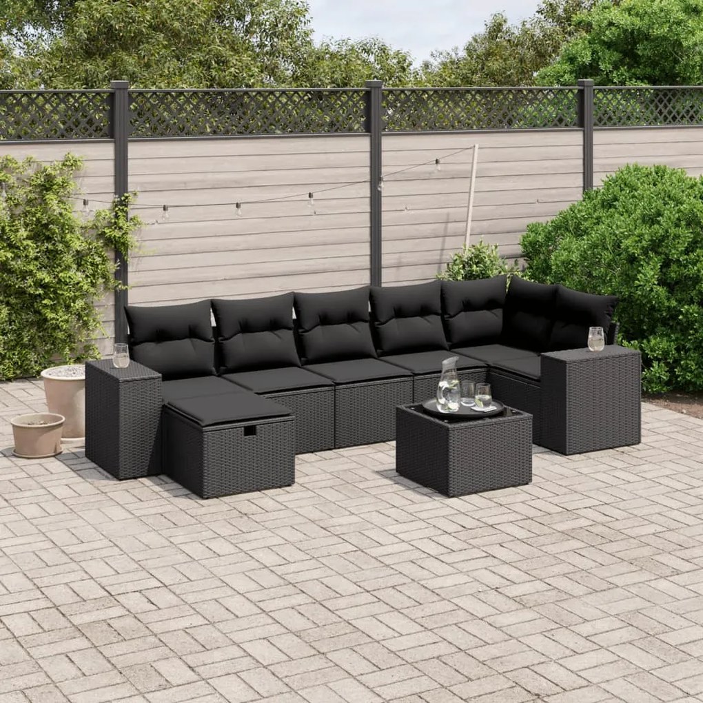 8 pcs conjunto sofás de jardim com almofadões vime PE preto