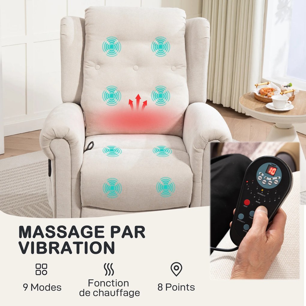 Poltrona relaxante elétrica com função de massagem e aquecimento, com encosto e apoio para os pés ajustáveis manualmente, bolso lateral, bege
