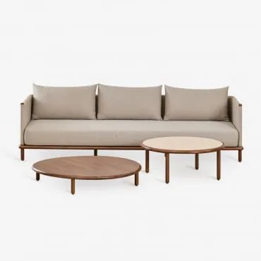 Conjunto De Sala Com Sofá De 3 Lugares E 2 Mesas De Centro Redondas Em Madeira De Acácia Olivia Castanho-acácia Escuro & Castanho-acácia Escuro - Beig