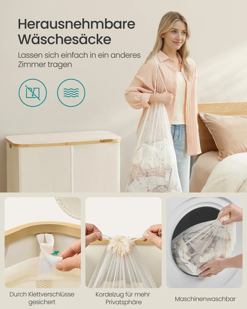 Cesto da roupa suja 200 L,  78 x 38,5 x 70,5 cm com tampa creme