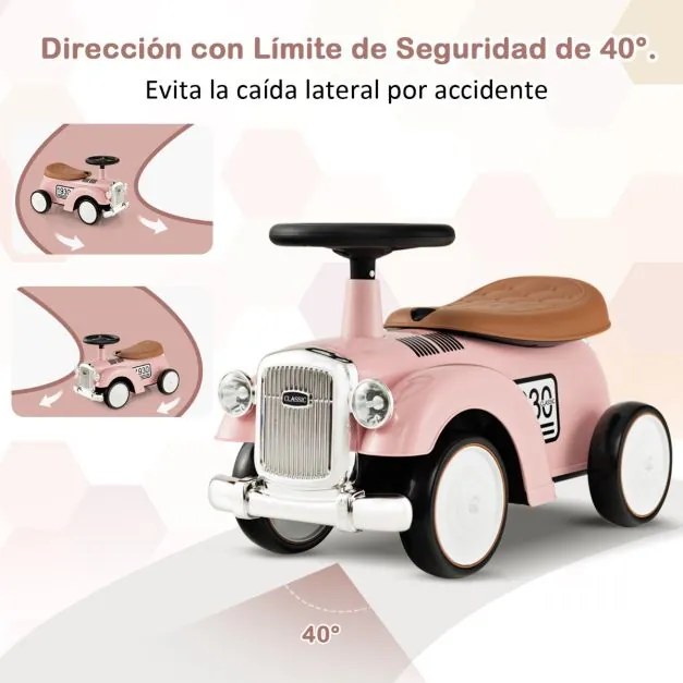Andarilho de brincar carro retro para crianças, sem pedais, com arrumação e rodas em EVA Rosa