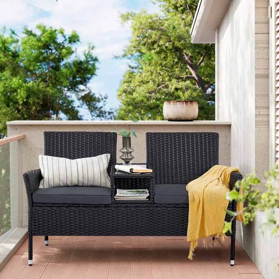 Sofá de jardim, varanda com mesa em poliratãn PE 65 x 131 x 84 cm preto-cinzento escuro