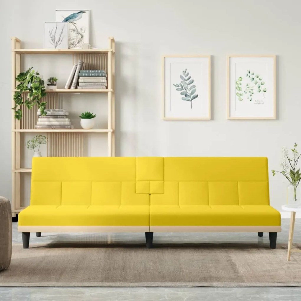 351867 vidaXL Sofá-cama com suportes para copos tecido amarelo-claro